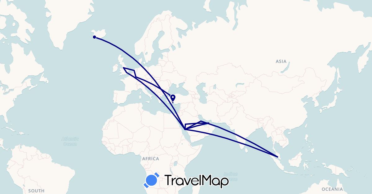TravelMap itinerary: driving in United Arab Emirates, United Kingdom, Iceland, Luxembourg, Malaysia, Netherlands, Saudi Arabia, Turkey (Asia, Europe)